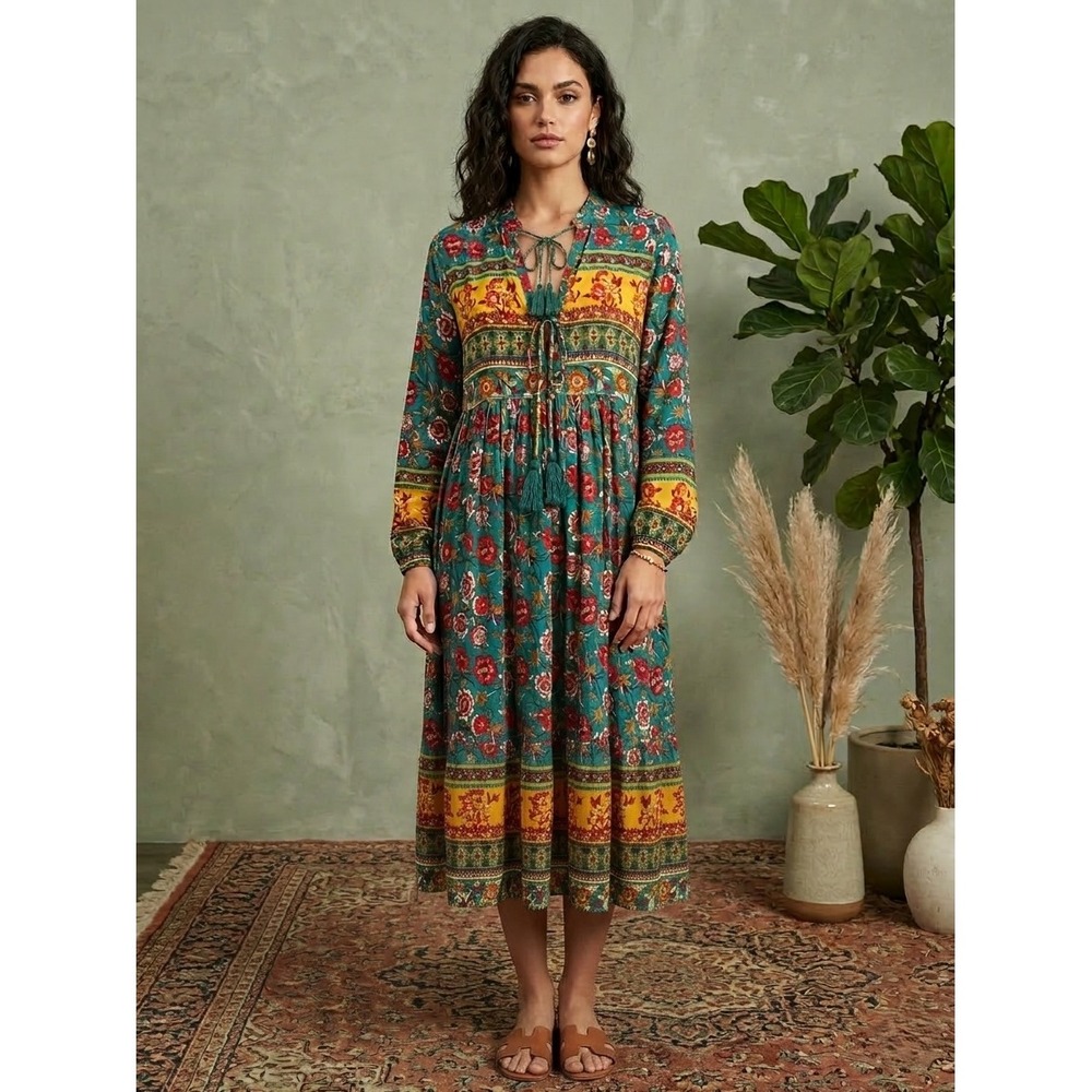 R.Vivimos Midi Dress Womens XL Boho Floral Paisley Tassel Tie‎ Neck Long Sleeve